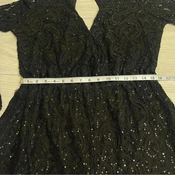 Venus Black Sequin Lace Open Back Bell Long Sleeves Romper Elastic Waist Size L - Picture 9 of 16